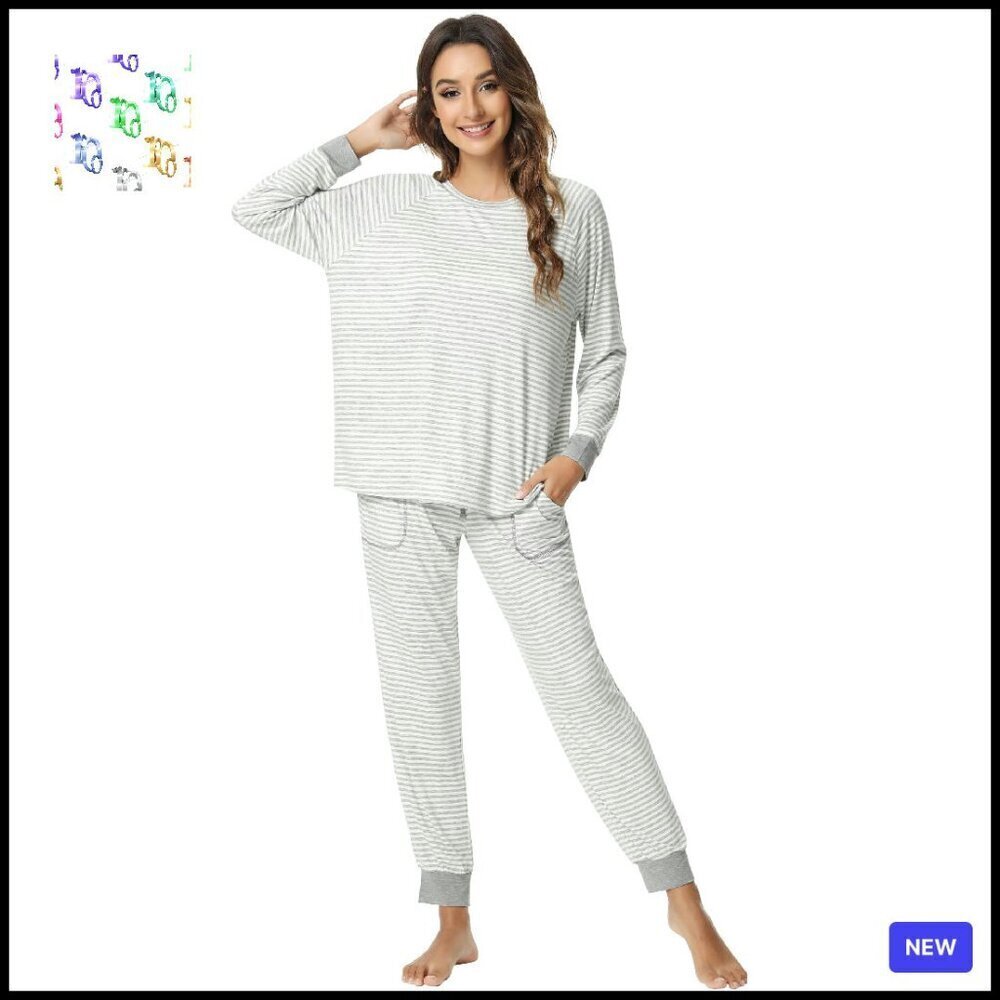 Soft Bamboo Viscose Pajama Set Long Sleeve Crew Neck Joggers Loungewear
